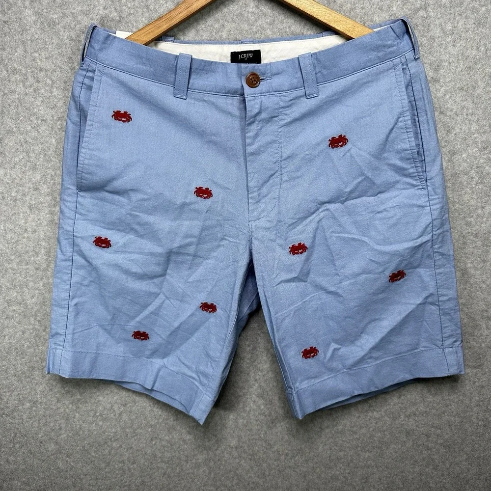 J.Crew Mens Shorts BLUE SUNWASHED OXFORD CLOTH RED CRABS‎ SZ 31 Flat Front New